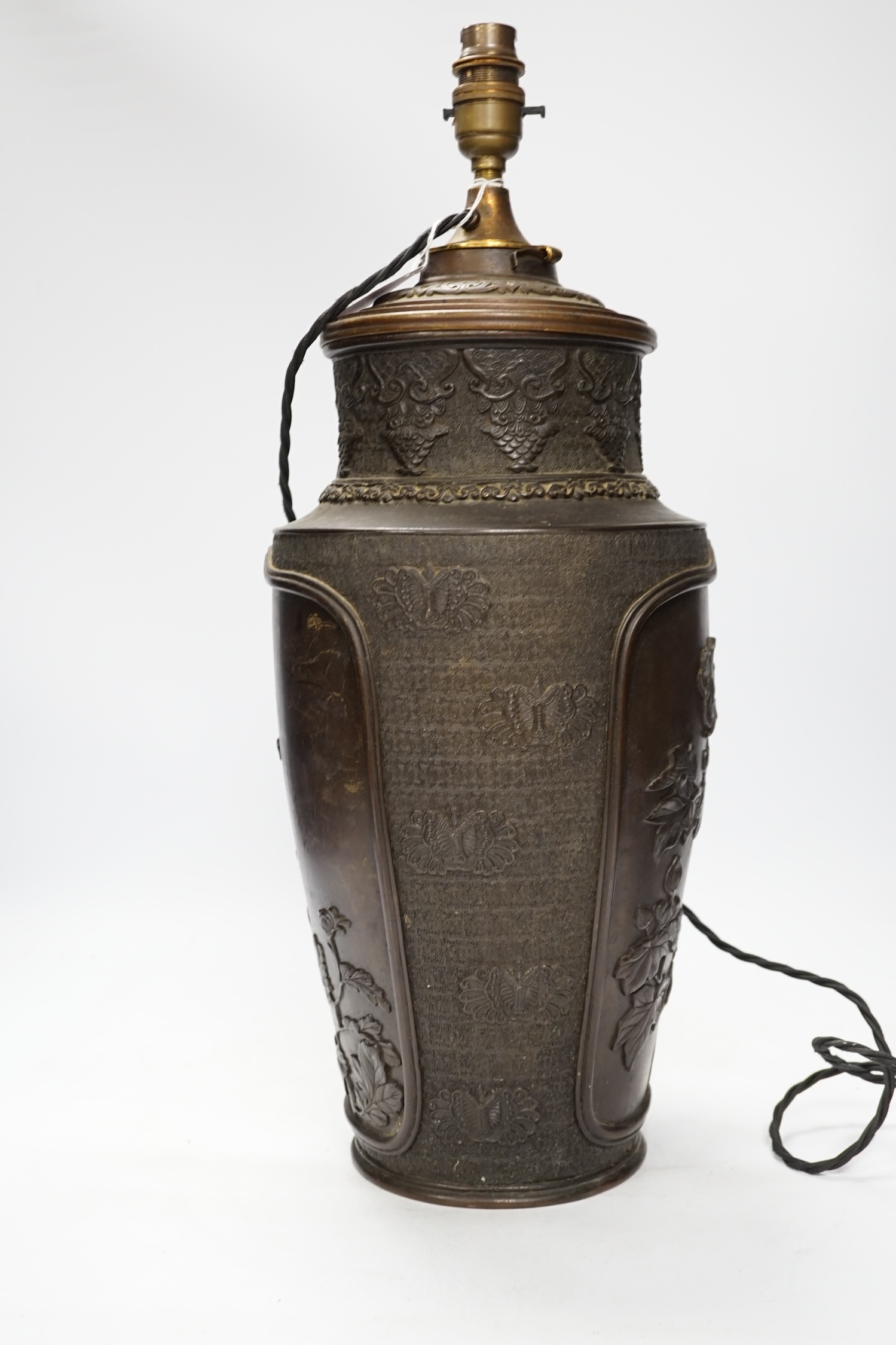 A Japanese bronze vase, converted to a lamp, 52cm high